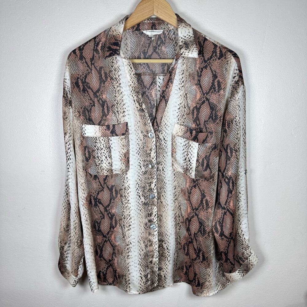 Entro Womens Satin Button Down Shirt Snakeskin V Neck Relaxed Fit Office L